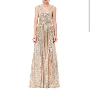 Kate Kasin Gold Sequin Floor Length Formal Dress